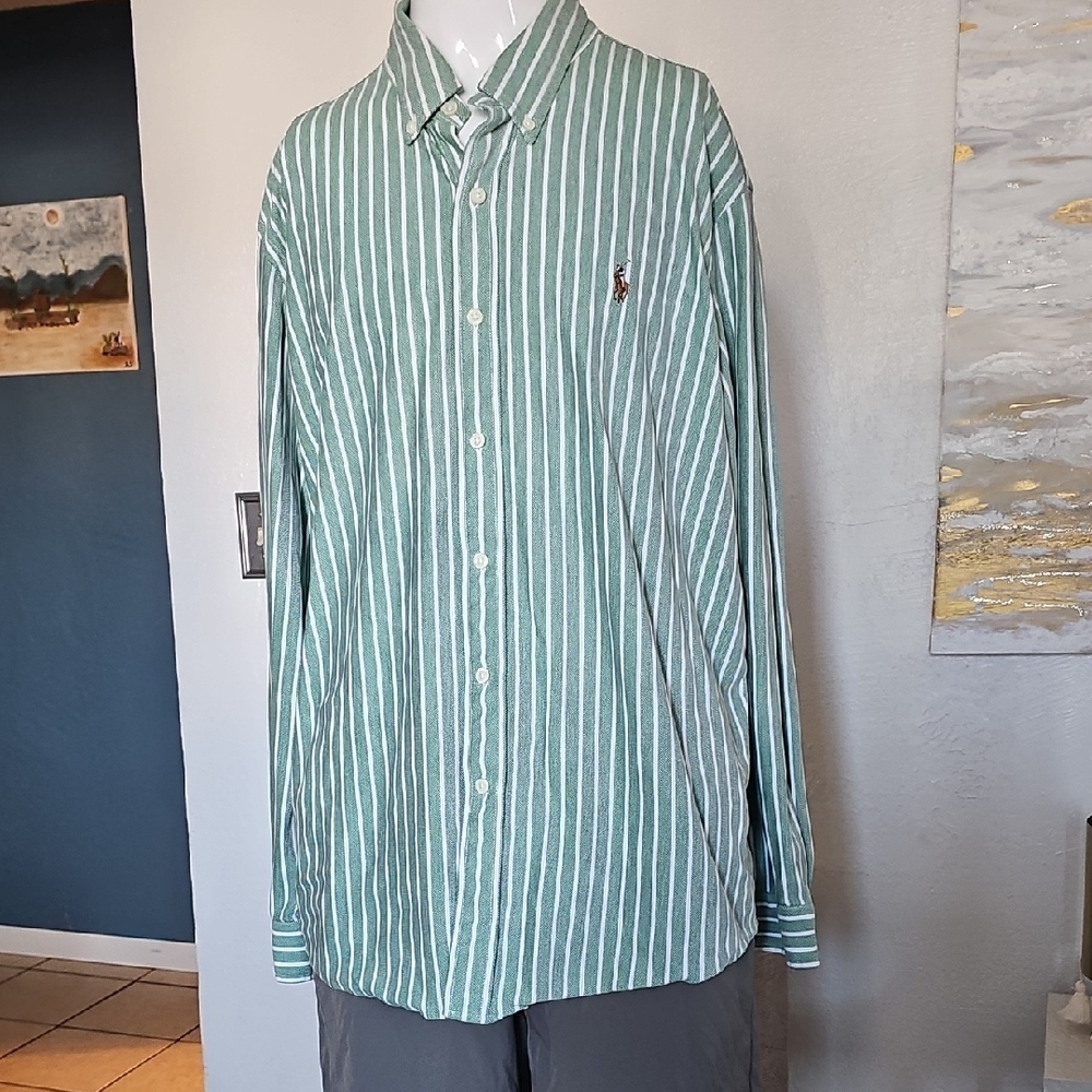 Ralph Lauren Men's Green and White Striped Shirt